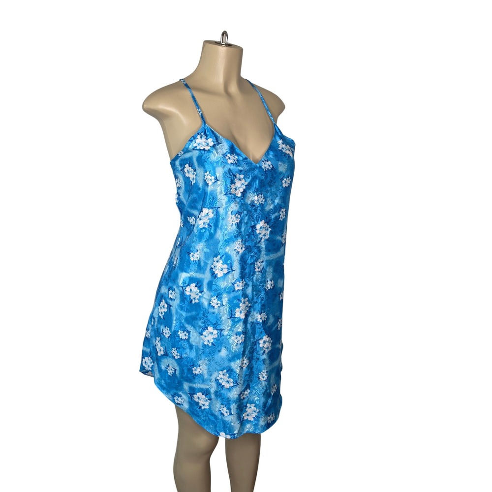 Unbranded Nightgown Women L Blue Floral Satin Chemise Sleepwear Tropical Mini
